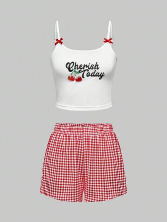 Kawaii Women Cherry Letter Embroidery Bowknot Camisole And Plaid Shorts Casual Lounge Pajama Set