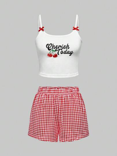 Kawaii Pigiama casual da donna con canotta ricamata con lettera e fiocco a ciliegie e pantaloncini a quadri