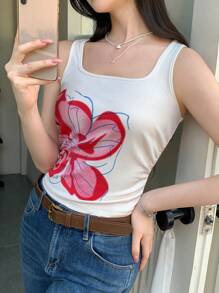 SHEIN LUNE Áo hai dây họa tiết hoa đơn giản dành cho nữ - Màu be - Xem 4