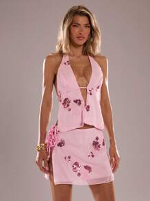 SHEIN BAE 春夏女式花卉刺绣装饰休闲迷你裙，适合休闲度假/海滩/可爱夏季裙子 - 淺粉色 - 查看 4