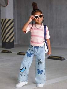 SHEIN Girls' Versatile Fashion Mottled Casual Blue Straight Leg Jeans Fall Winter - Blue - View 4