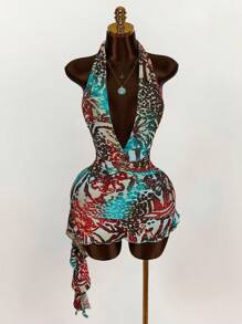 Amplova Vestido corto de mujer con estampado, cuello halter y espalda descubierta