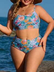 Swim Lushoire Plus Size Casual Cami Bikini Top And Triangle Bottom 2Pcs Swimsuit Set For Summer Beach Vacation