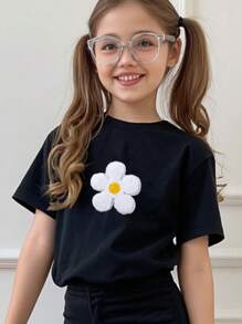 SHEIN Conjunto de 2 piezas de parte superior de manga corta con cuello redondo y pantalones, estilo minimalista casual para niña, apto para el verano - Negro - Ver 3