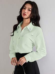 Heiryn 女式水钻装饰落肩长袖单排扣优雅衬衫