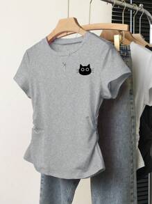 INAWLY Damen Katzen-Muster Rundhals Kurzarm Lässig Bluse, Alltags-Tragen