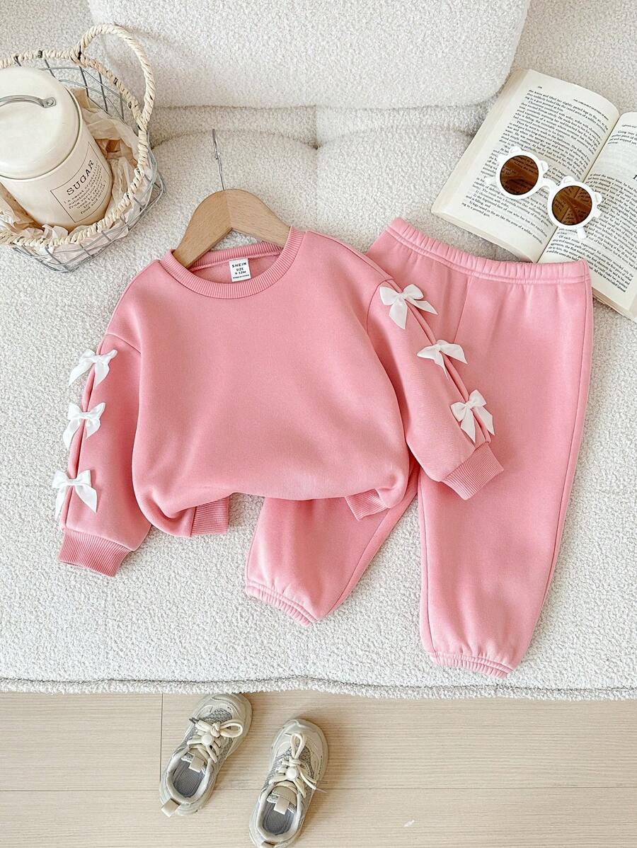 SHEIN LMoss Kids Babygirl Bowknot Decor Pink Long Sleeve Sweatshirt & Elastic Waist Pants 2 Pieces Set, Autumn/Winter Baby Girl Sweat Set Baby Girl Long Sleeve Set Pink Baby Girl Outfit Baby Girl Casual Set Baby Girl Clothes Fall