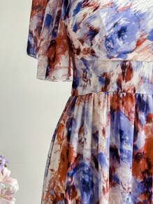 Soleia Đầm Maxi Tay Ngắn In Hoa Voan Cổ Vuông Xếp Ly Ngực Xếp Ly Cỡ Lớn Cho Nữ, Mùa Xuân, Ngày Lễ Tình Nhân, Kỳ Nghỉ - Nhiều màu - Xem 4