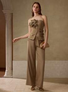 MOTF PREMIUM ملابس علوية مزينة بأزهار خرزية ثلاثية الأبعاد أنيقة للنساء - كاكي - مشاهدة 6