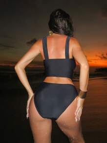 Swim SXY 2 件套夏季海滩纯色尼龙金色海星装饰镂空肩带上衣和高腰泳裤度假风格女式比基尼套装 - 黑色 - 查看 3