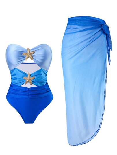 Swim Oasis Conjunto de playa de 2 piezas con traje de baño de una pieza con escote halter, recortes, parches de colores, decoración metálica con efecto océano y falda de malla degradada para mujer, primavera/verano