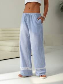SHEIN EZwear Women Casual Daily Striped Contrast Lace-Up Waist Pants - Blue and White - View 5