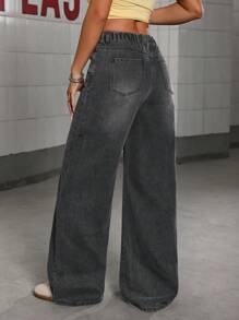 Sparklyn Quần jeans ống rộng đa năng thoải mái, phù hợp với mọi phong cách, màu đen và xám mới cho thanh thiếu niên/bé gái - màu đen - Xem 2