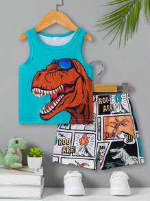 SHEIN Playful Pals 1 套男婴时尚酷炫可爱卡通恐龙涂鸦印花无袖上衣和短裤套装，适合外出和日常穿着，夏季
