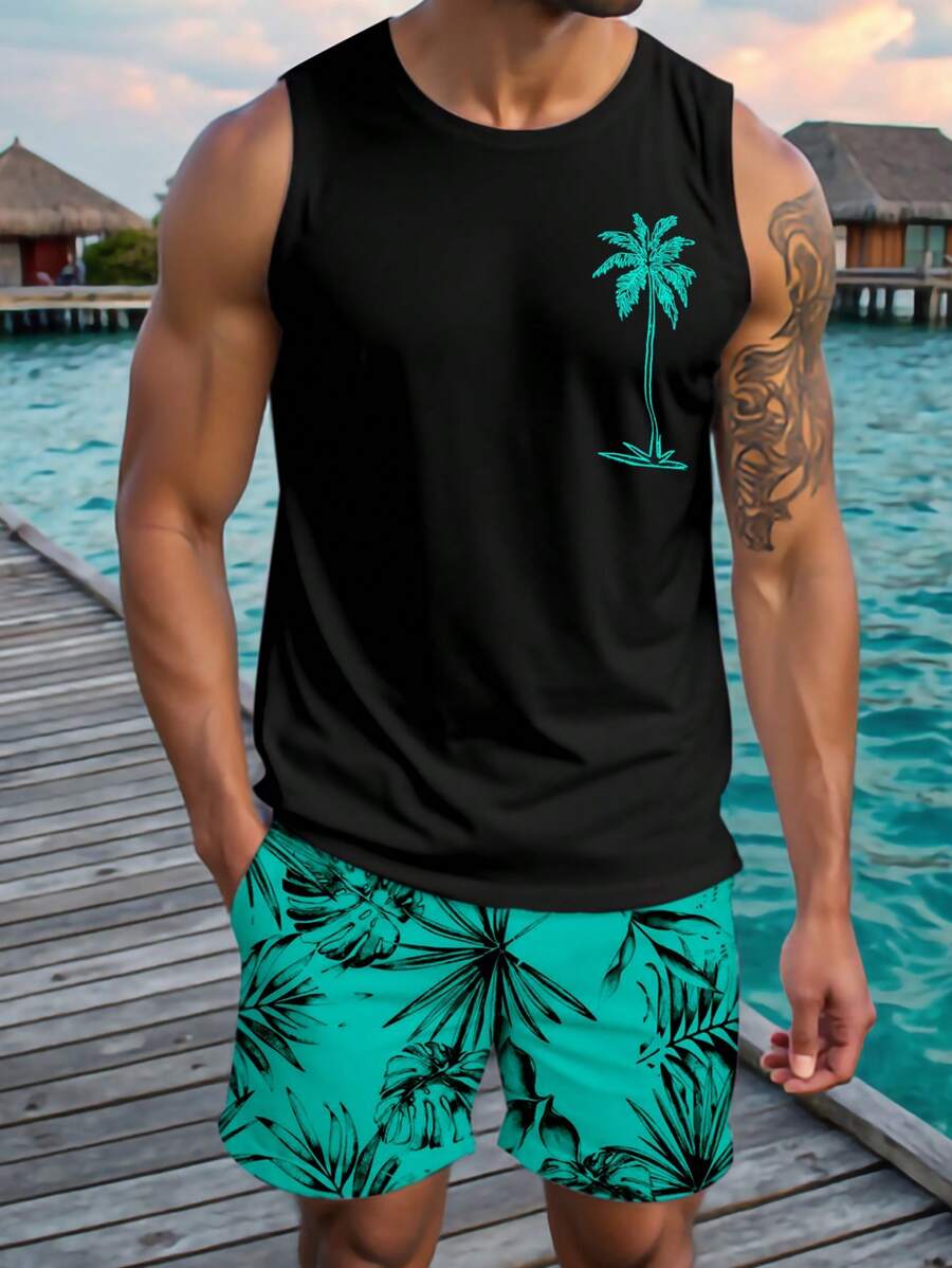 Manfinity RSRT 男士休闲棕榈树印花背心和短裤套装，假日风格热带海滩舒适服装 - 彩色 - 查看 1