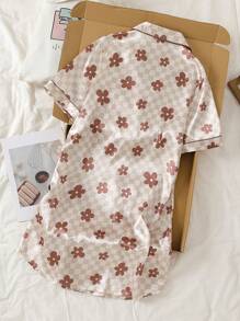 Aprikosen-Blume Muster-Langhemdkleid für Damen, stilvolles und süßes lässiges Nachtwäsche-Pyjama-Set mit Blumenkaromuster, Seidenpyjama-Set, Vintage-Pyjama-Set