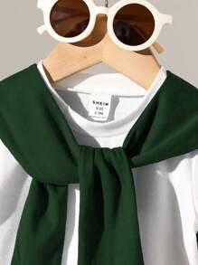 SHEIN 男婴/幼儿男孩休闲简约海军蓝斗篷搭配白色短袖上衣和海军蓝短裤套装，圆领短袖上衣搭配纯色短裤套装，适合日常穿着、玩耍和外出，夏季 - 綠色 - 查看 3