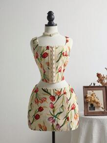 Elamini Tulip Jacquard Scoop Neck Top & Mini Low-Waist Skirt, Spring/Summer - Brown - View 5