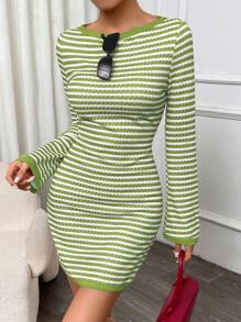 INAWLY Women's Long Sleeve Striped Mini Graduation Dress, Fashionable For Summer Fall Cloth For Women - Green - View 8