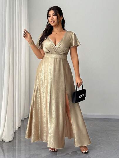 Elenzga Christmas Plus Size Women's Elegant Romantic Fancy Party, Wedding Guest Dress, V-Neck Wrap Collar, Ruffle Sleeve, High Slit, Metallic Shine, Short Sleeve Maxi Dress