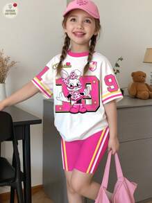 2pcs/Set Young Girl Casual Minimalist School Style Pink Tone, Cute Cartoon Rabbit Number 19 Design, Sweet & Cool Sports Inspired Tank Top & Shorts Set, Suitable For Summer Back To School Or Graduation Season