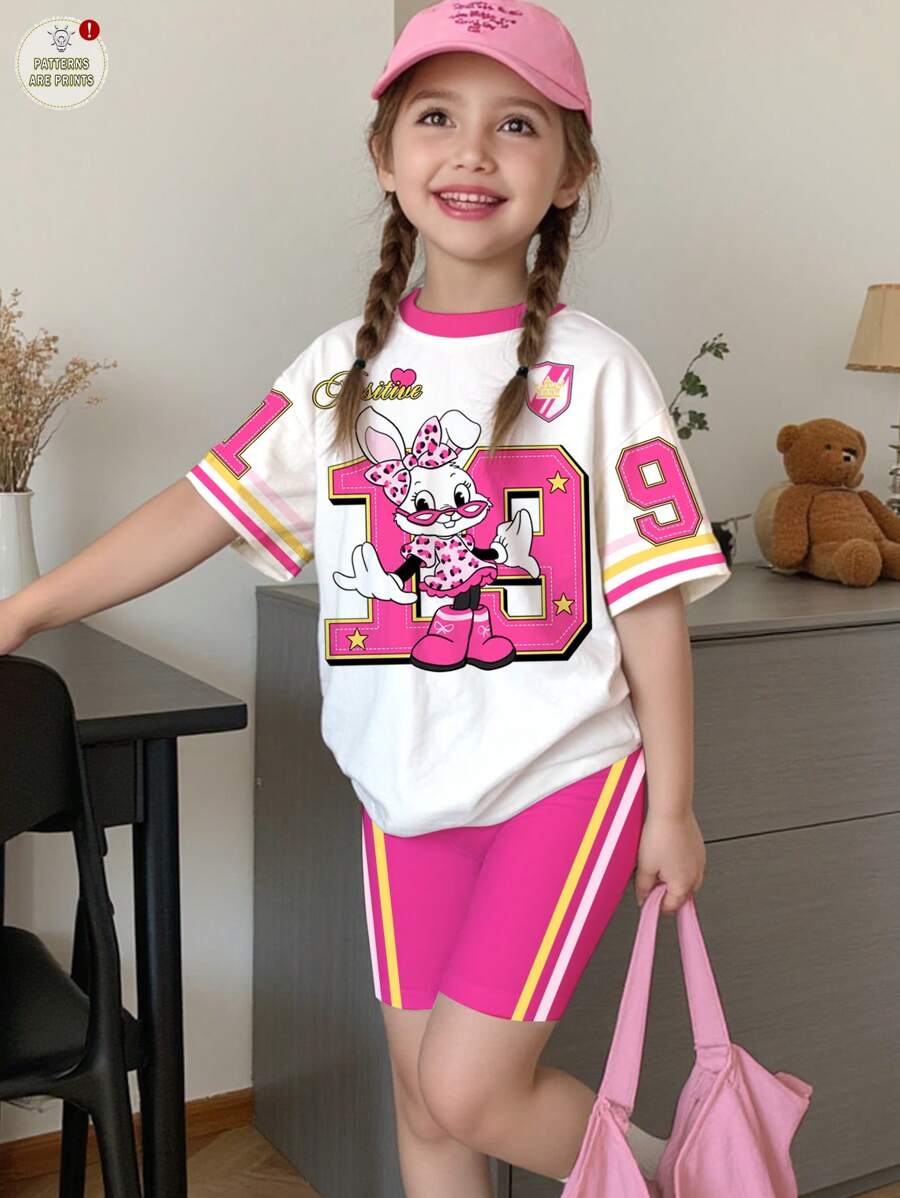 2pcs/Set Young Girl Casual Minimalist School Style Pink Tone, Cute Cartoon Rabbit Number 19 Design, Sweet & Cool Sports Inspired Tank Top & Shorts Set, Suitable For Summer Back To School Or Graduation Season