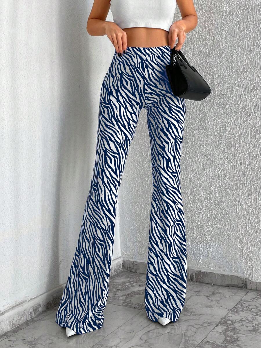 EURMUSE Women's Casual Full Print High Waist Flared Pants - Navy Blue - View 1