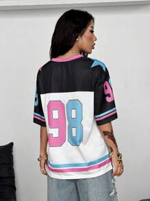 Coolane 女式休闲撞色拼接数字印花T恤，夏季