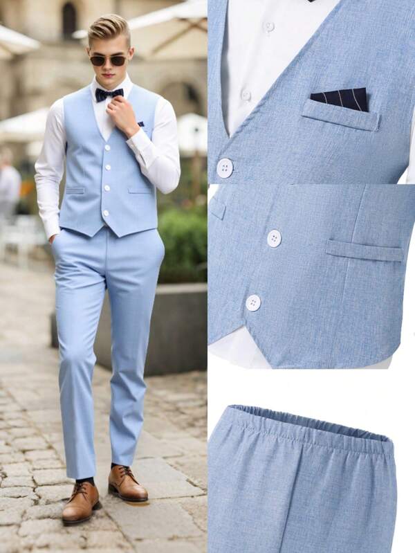 2 Stücke formelle Teenager Jungen Herrenoutfit-Set, einfarbige Kontrast Karomuster Brusttasche taillierter Weste + strukturierte Hose, elegantes Luxuskostüm für Geburtstag, Hochzeit, Hochzeitsgast, Pageboy, Ringträger