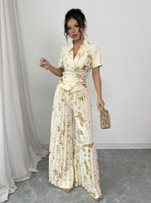 Elenzga Halloween Costume Champagne Foil Fabric Wrap Top And Wide Leg Pleated Pants 2 Pieces Set For Women - Apricot - View 5