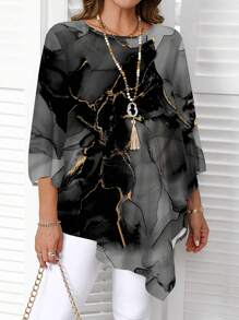 EMERY ROSE Plus Size Water-Ink Marble Textured Pattern Round Neck Long Sleeve Shirt, Suitable For Spring And Autumn Asymmetrical Blouse Autumn And Winter Chic Blouses For Women - Multicolor - View 3