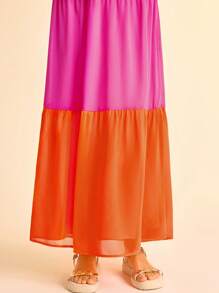 CAJUNI Women's Resort Colorblock Orange And Pink,Yellow Braided Halter Neck Hollow Back Sheer Chiffon Maxi Dress,Summer Casual Vacation Holiday Boho Dress - Multicolor - View 7