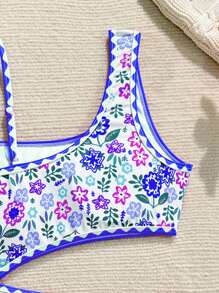 SHEIN 女童印花连体泳衣，肩部镂空设计，时尚可爱的度假泳装，适合游泳和度假 - 彩色 - 查看 6