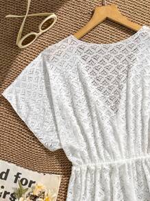 Teen Girls Solid Color Lace Drawstring Waist Bikini Cover Up White Lace Dress White Summer Dress White Beach Dress White Vacation Dress White Cover-Up DressIt Pairs Well With A One-Piece Swimsuit Set For A Vacation Beach