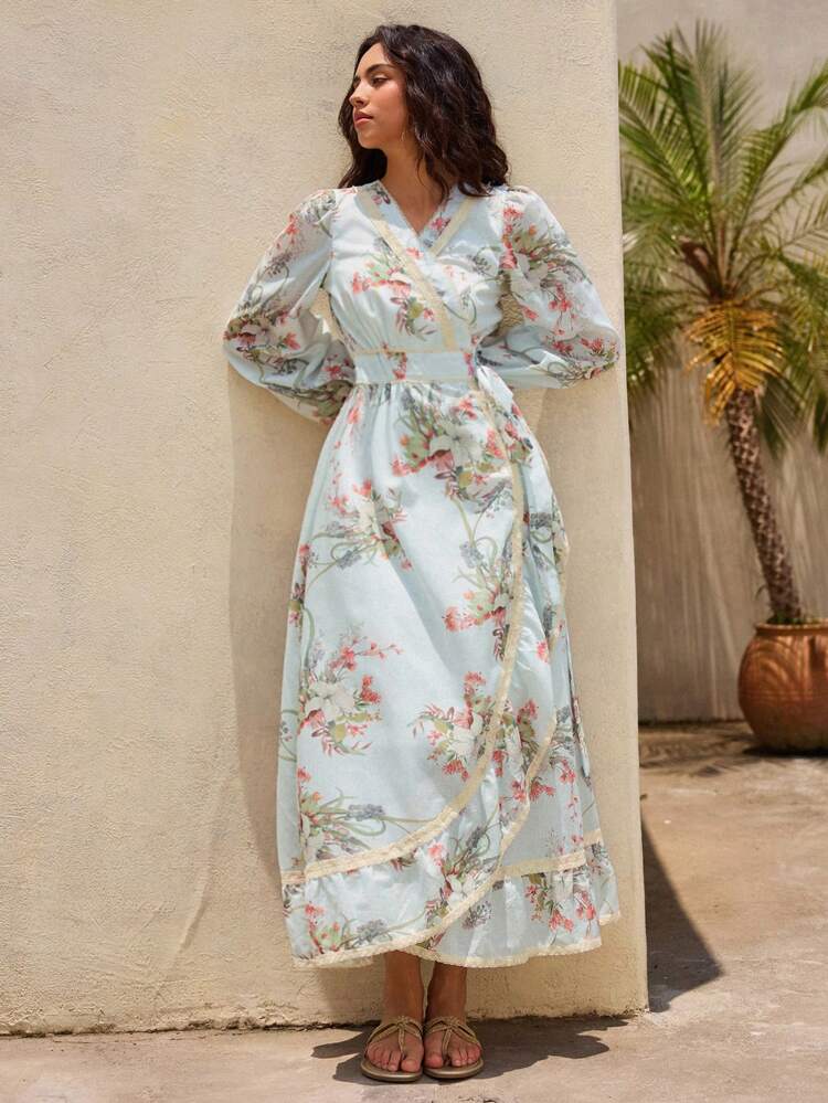 Women's Allover Print Ruffle Hem With Cinched Waist Bohemian Style V-Neck Dress Long Floral Dress Women Long Sleeve Maxi Dress Women Long Sleeve Fall Dresses Floral Wrap Dress Casual Long Dress Vacation Boho