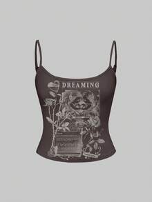 ROMWE Fairycore Débardeur camisole pour femmes avec imprimé floral romantique inspiré de la nature, style hippie ange rose. Couleur café, convient pour les vacances - Marron - Voir 1