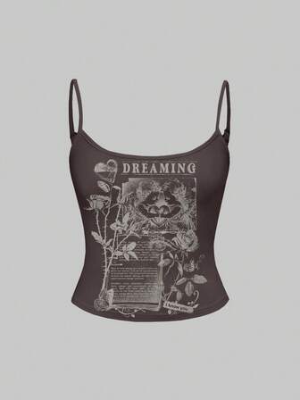 Fairycore Cute Nature-Inspired Romantic Hippie Angel Rose Floral Print Plant Coffee Color Camisole Tank Top For Women,Suitable For Vacation