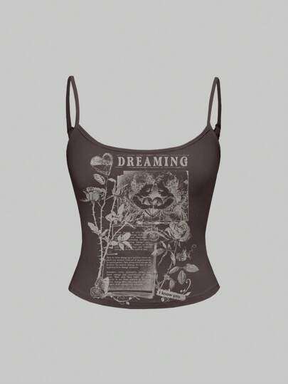 Fairycore Camiseta de tirantes estampada con rosa, flor, planta e inspirada en la naturaleza, en tono café, romántica y con estilo hippie, ideal para vacaciones