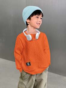 SHEIN 男童纹理布贴圆领卫衣，适合秋冬季女孩穿着的休闲服装 - 橘色 - 查看 7