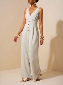 Zivah 海滩新款春夏度假背心式V领前中分纽扣装饰开襟阔腿宽松加长纹理面料女连体裤 - 杏色 - 查看 3