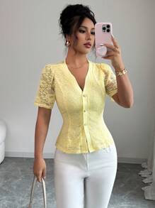 Elenzga Camicia slim fit a maniche corte con bottoni e pizzo a contrasto per l'estate da donna - Giallo - Visualizzare 1
