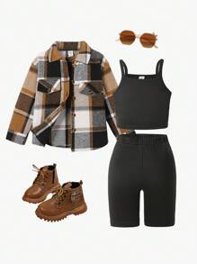 Toddler Girls 3-Piece Set 4-7Y Plaid Lapel Jacket,Bib Top&Tight Shorts,Fashion Long Sleeve Outdoor Outfit,Autumn,Career Day,Back-To-School Style - Black - View 3