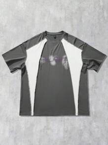 ROMWE MEN Prep Men's Street Style Patchwork English Text & Vintage Graphic Print Short Sleeve T-Shirt - Black - View 1