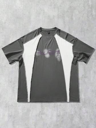 Prep Maglietta a maniche corte da uomo, stile urban, con patchwork, stampa di testo in inglese e grafica vintage