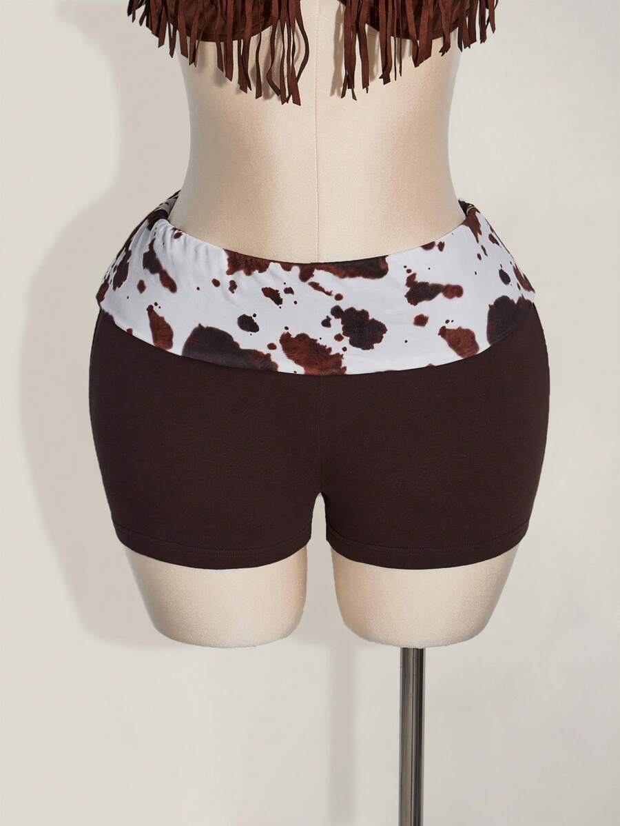 SHEIN ICON Shorts mini súper cortos con cintura plegable de talla grande con estampado de vaca, estilo bohemio nómada, apropiados para el verano