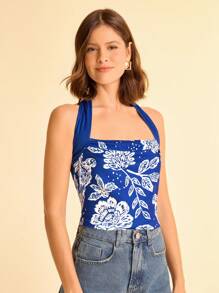 CAJUNI Women's Summer Vacation Beach Casual Tropical Boho Style Halter Neck Ruched Front Crop Top - Blue and White - View 5