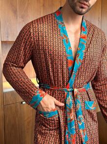 SHEIN Men's Printed Patchwork Double Pocket Long Sleeve Robe, Fall - Multicolor - View 5