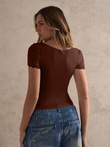 Glamine Damen modisches weißes gestricktes Kurzarm T-Shirt, Quadratausschnitt mit Spitzenbesatz, Lässig Sommer