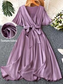 Rometta Plus Size V-Neck Elegant Tie Front Short Sleeve Dress