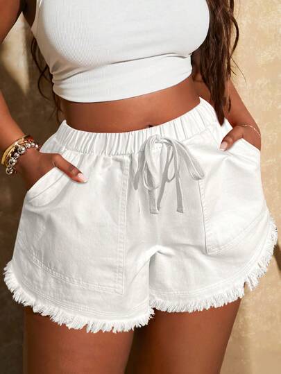 SHEIN SXY Plus Size Women Spring & Summer New Vintage Washed Retro Elastic Waist Hem Fringed Shorts, Suitable For Everyday Wear, Music Festival, Concert, Carnival Party, Beach Vacation, Date Night, Birthday, Bachelorette Party, Club, Cute, Casual, Shopping, Streetwear, Going Out,Holiday Outfits For Women
